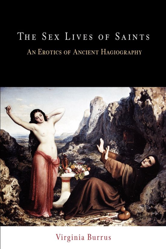 Boekomslag van 'The Sex Lives of Saints' met een schilderij van een naakte vrouw en een man in een grot.