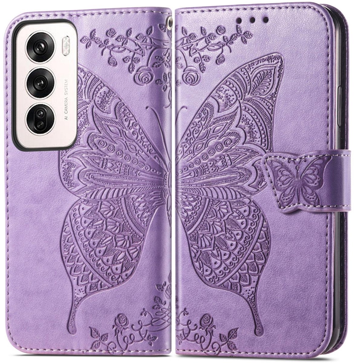 Mobigear Telefoonhoesje geschikt voor OPPO Reno 12 Pro Hoesje | Mobigear Butterfly Bookcase Portemonnee | Pasjeshouder voor 3 Pasjes | Telefoonhoesje voor Pinpas / OV Kaart / Rijbewijs - Paars