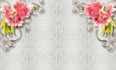 Fotobehang - Vlies Behang - Wit Ornament met Bloemen - 416 x 290 cm