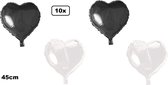 10x Folieballon Hart zwart en wit (45 cm) - trouwen huwelijk bruid hartjes ballon feest festival liefde white