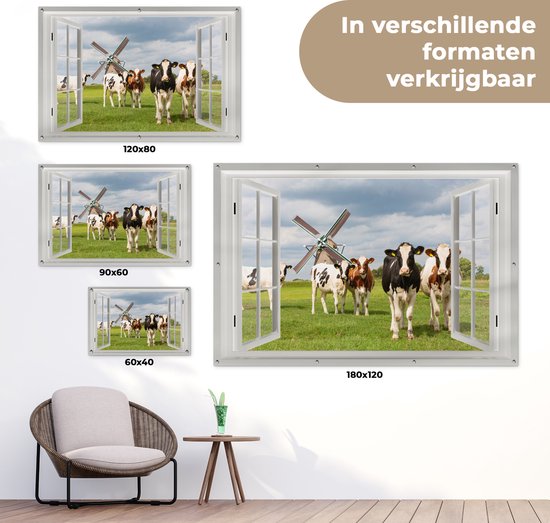 Tuin poster - Tuin decoratie - Koe - Doorkijk - Molen - Natuur - Tuinversiering - Terras - Tuindecoratie wanddecoratie - Muurdecoratie buiten - 120x80 cm - Buitenschilderijen voor in de tuin - Decoratie tuin om op te hangen
