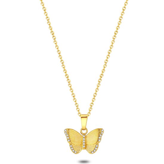Twice As Nice halsketting in goudkleurig edelstaal, vlinder, steentjes 41 cm+5 cm