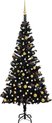 vidaXL - Kunstkerstboom - met - verlichting - en - kerstballen - 150 - cm - PVC - zwart