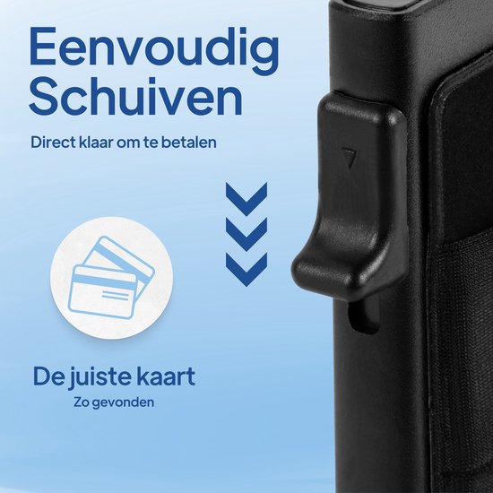 Zwarte Techard pasjeshouder met een schuifmechanisme voor gemakkelijke toegang tot de juiste kaart.