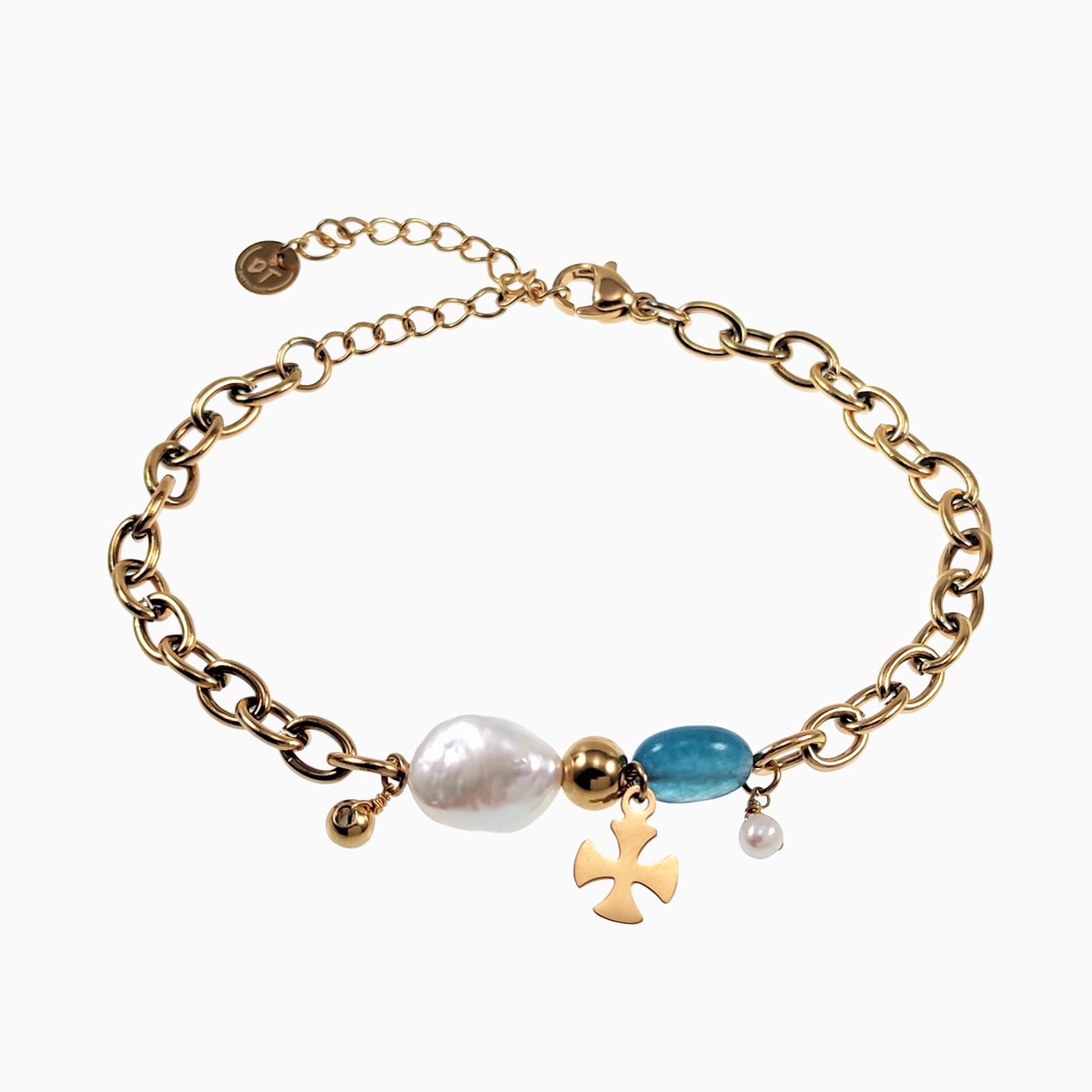 Dottilove Armband Dames - RVS Gold plated - Schakelsarmband met Zoetwaterparel en Steen - Verstelbaar
