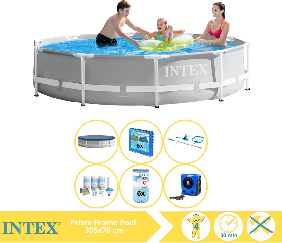 Intex Prism Frame Zwembad – Opzetzwembad – 305×76 cm – Inclusief Afdekzeil, Onderhoudspakket, Filter, Onderhoudsset, Zwembadtegels en Warmtepomp HS