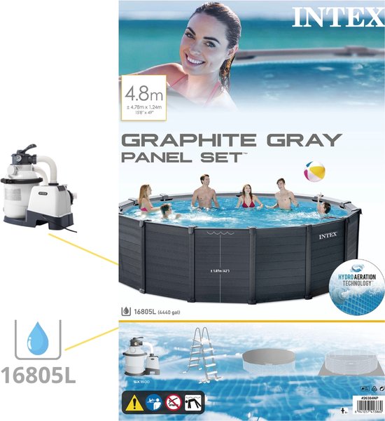 Piscine Intex Panneau Gris Graphite - Piscine Hors Sol - 478x124 cm - Forfait Entretien et Perles de Verre Inclus