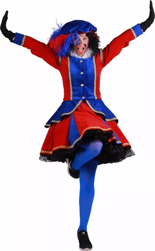 Rode jurk met blauw accent en gouden bies, blauwe maillot, zwarte handschoenen en baret met veren.