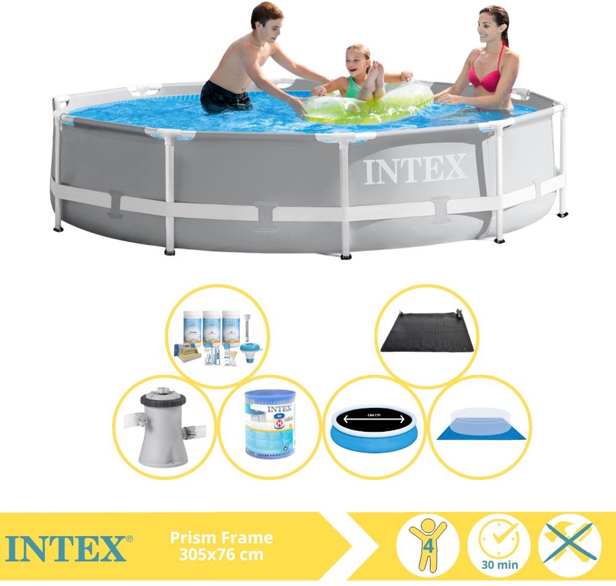 Intex Rond Prism Frame Zwembad - 366 x 76 cm - Grijs - Inclusief Pomp - Solarzeil - Onderhoudspakket - Filter - Grondzeil - Solar Mat - 7-delig