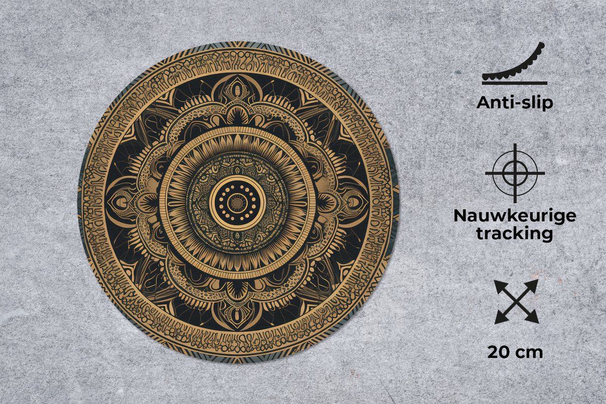 Muismat rond 20x20 cm - Mousepad Mandala - Goud - Bohemian - Luxe - Ronde muismatten