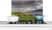 Spatscherm keuken 60x40 cm - Kookplaat achterwand Schotse Hooglander - Gras - Wolken - Muurbeschermer - Spatwand fornuis - Hoogwaardig aluminium