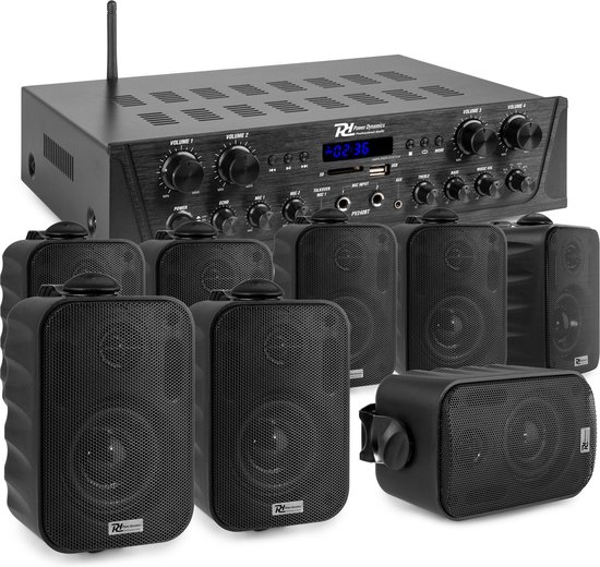 Geluidsinstallatie met Bluetooth - PV240BT 4-zone versterker audio + 8 BGO30 zwarte 3'' speakers
