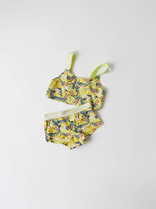 Gele bikini met tropische print van ananassen, bladeren en vogels. Gekleurde schouderbandjes met glitters.