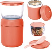 To- Go Muesli Cup 430ml + 330ml Yogurt Cup To Go Leakproof 2-in-1 Lunch Box avec cuillère pour repas frais Pot à collation pour enfants en déplacement (orange, rouge, acier inoxydable)