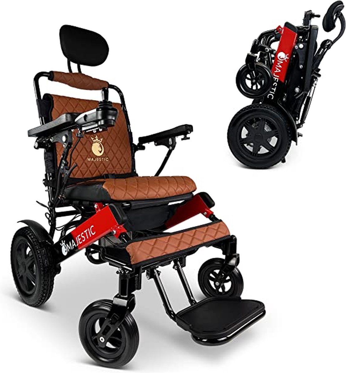 Goedkoopste COMFYGO IQ-9000 AF Elektrische rolstoel, lichtgewicht, draadloze afstandsbediening, tot 30km, Automatisch vouwsysteem met Handmatig achterover leunen, Zwart&Rood frame & Taba leer textiel, Zitbreedte 51cm