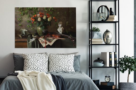 Peintures sur toile - Fleurs - Violon - Nature morte - 140x90 cm - Décoration murale