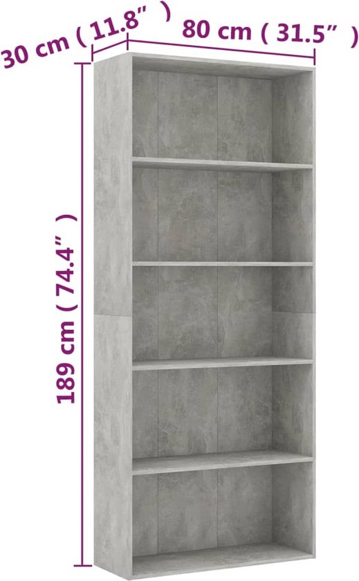 vidaXL-Boekenkast-met-5-schappen-80x30x189-cm-spaanplaat-betongrijs
