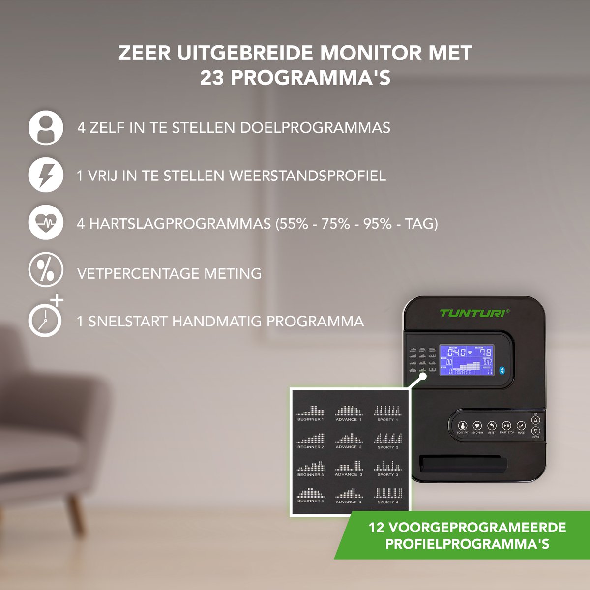 Afbeelding 3 van Tunturi Cardio Fit E35 Hometrainer - Ergometer - Bluetooth - fitness fiets met 12 trainingsprogramma's - Comfort plus zadel - Hartslagfunctie - Incl. Trainings app