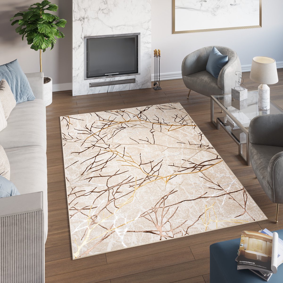 Tapiso Golden Vloerkleed Abstract Beige Goudkleur Modern Tapijt Maat- 120x170