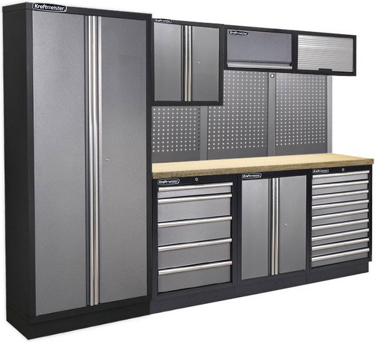 Kraftmeister werkplaatsinrichting - Werkbank met 3 wandkasten, 1 werkplaatskast en Multiplex werkblad - Werktafel met 14 laden, 1 opbergkast en gereedschapswand - Complete set voor werkplaats of garage - Grijs
