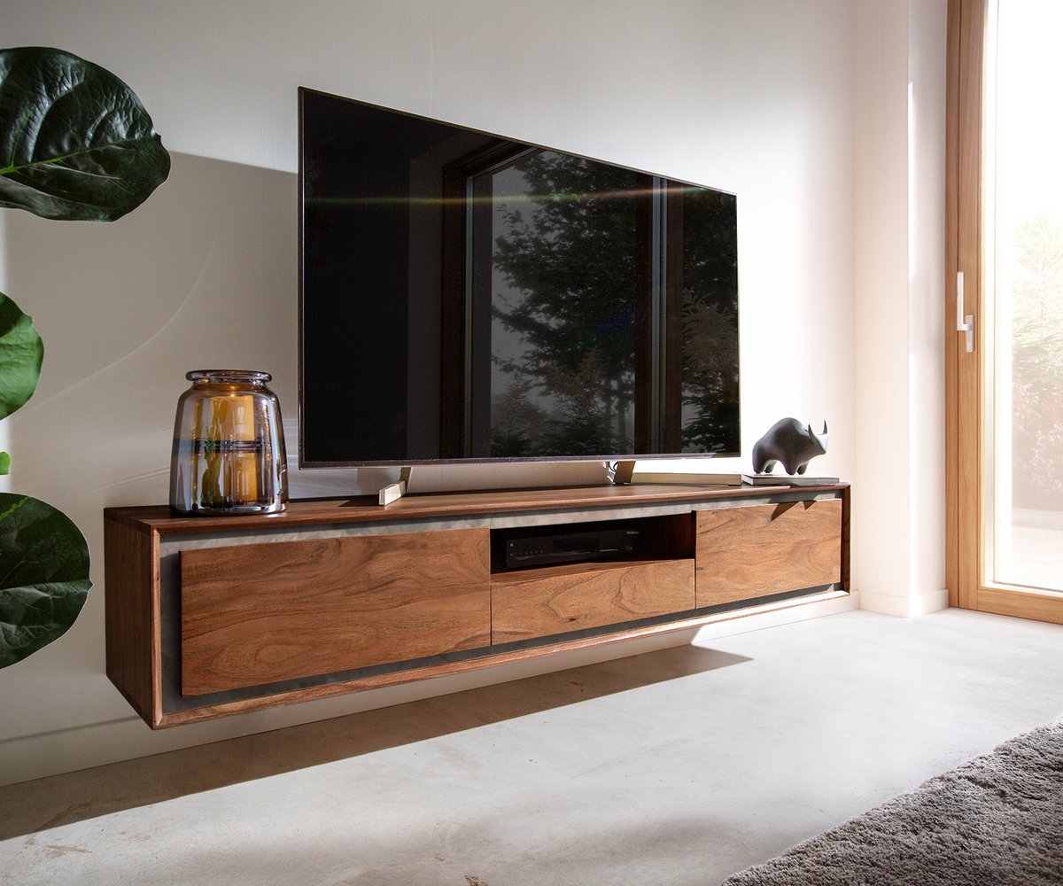 DELIFE Tv-meubel Stonegrace 175 cm acacia bruin steenfineer 2 deuren 1 lade 1 legplank zwevend