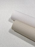 Twee rollen behang, één lichtbeige met visgraatpatroon en één beige met linnenlook textuur.