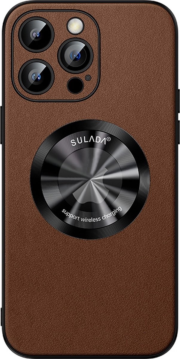 Sulada Soft case Microfiber leer en shockproof en lensbeschermer met magnetische ring voor de iPhone 14 Pro Bruin