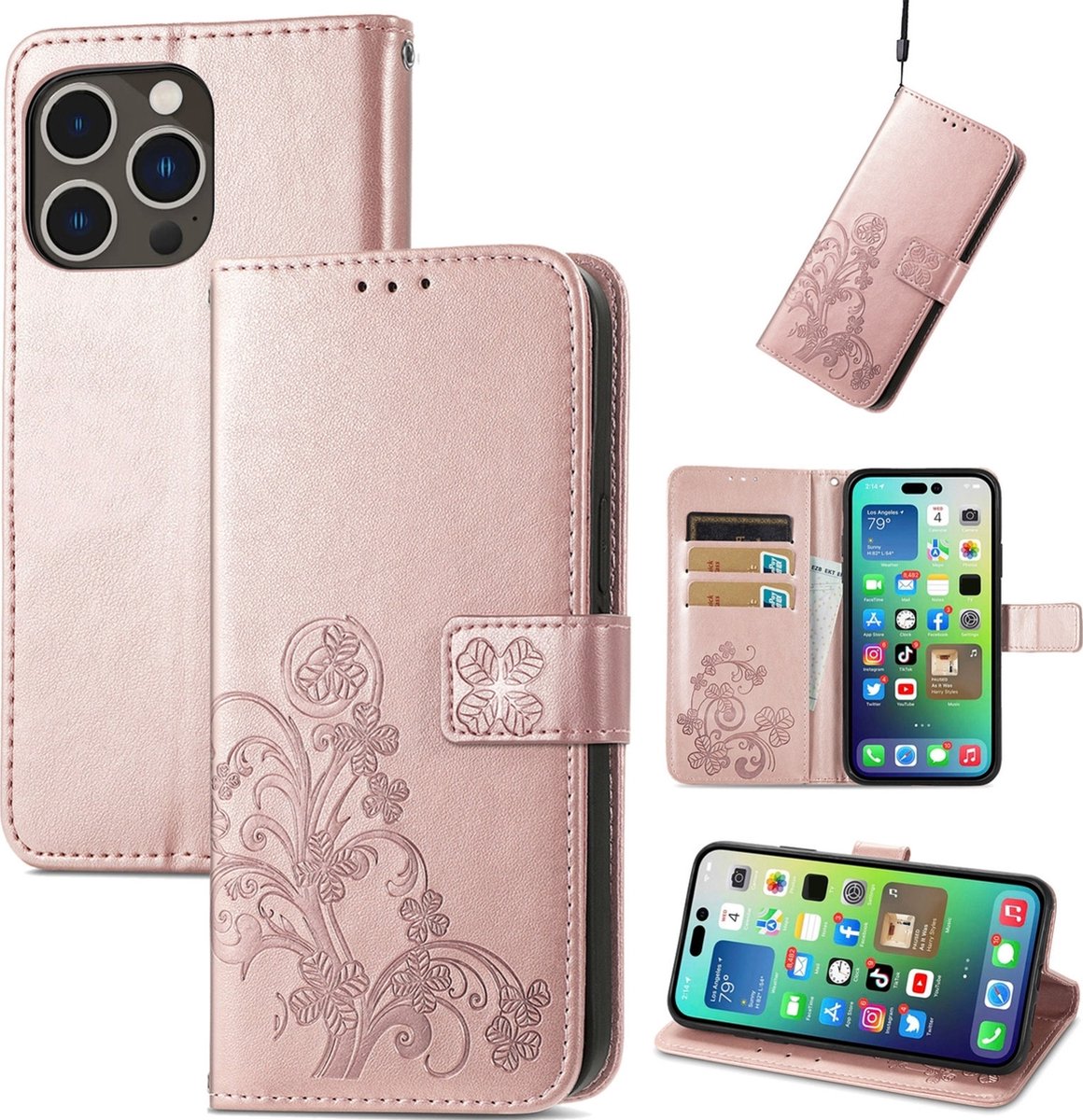 Mobigear Telefoonhoesje geschikt voor Apple iPhone 15 Pro Max Hoesje | Mobigear Clover Bookcase Portemonnee | Pasjeshouder voor 3 Pasjes | Telefoonhoesje voor Pinpas / OV Kaart / Rijbewijs - Roségoud