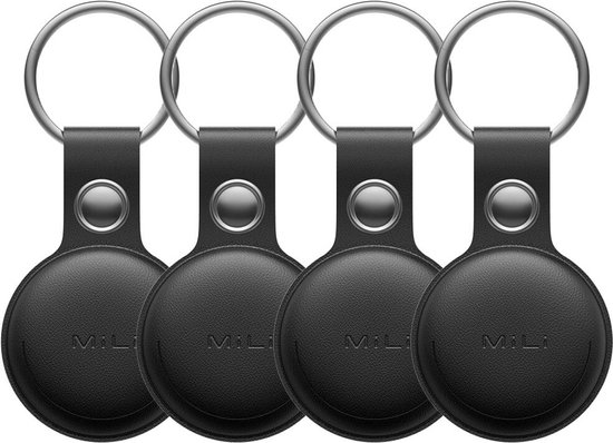 Vier zwarte MiLi MiTag trackers met sleutelringen.