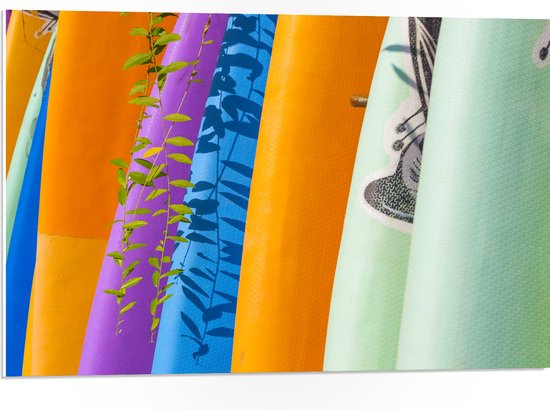 PVC Schuimplaat - Rij Verschillende Kleuren Surfboards - 75x50 cm Foto op PVC Schuimplaat (Met Ophangsysteem)