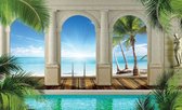 Fotobehang - Vlies Behang - Tropisch Uitzicht op het Strand, de Zee en de Palmbomen door de Pilaren - 3D - 312 x 219 cm