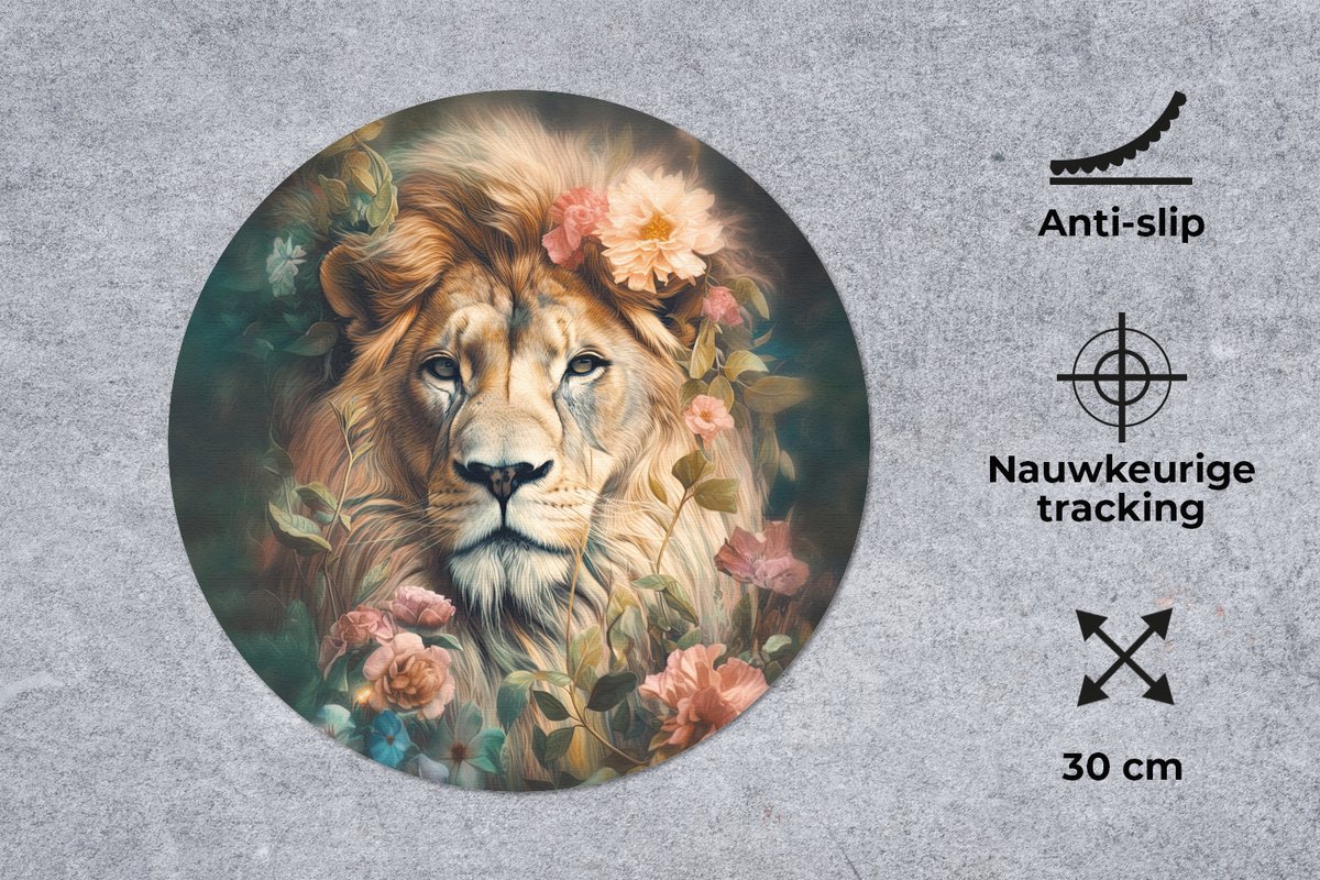 Muismat rond 30x30 cm - Mousepad Leeuw - Leeuwenkop - Wilde dieren - Bloemen - Ronde muismatten