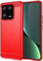 Xiaomi 13 Pro Hoesje - MobyDefend TPU Gelcase - Geborsteld Metaal + Carbonlook - Rood - GSM Hoesje - Telefoonhoesje Geschikt Voor Xiaomi 13 Pro