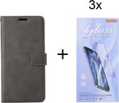 Bookcase Grijs Geschikt voor Xiaomi Redmi Note 12 Pro 5G - portemonnee hoesje met 3 stuk Glas Screen protector - ZT Accessoires