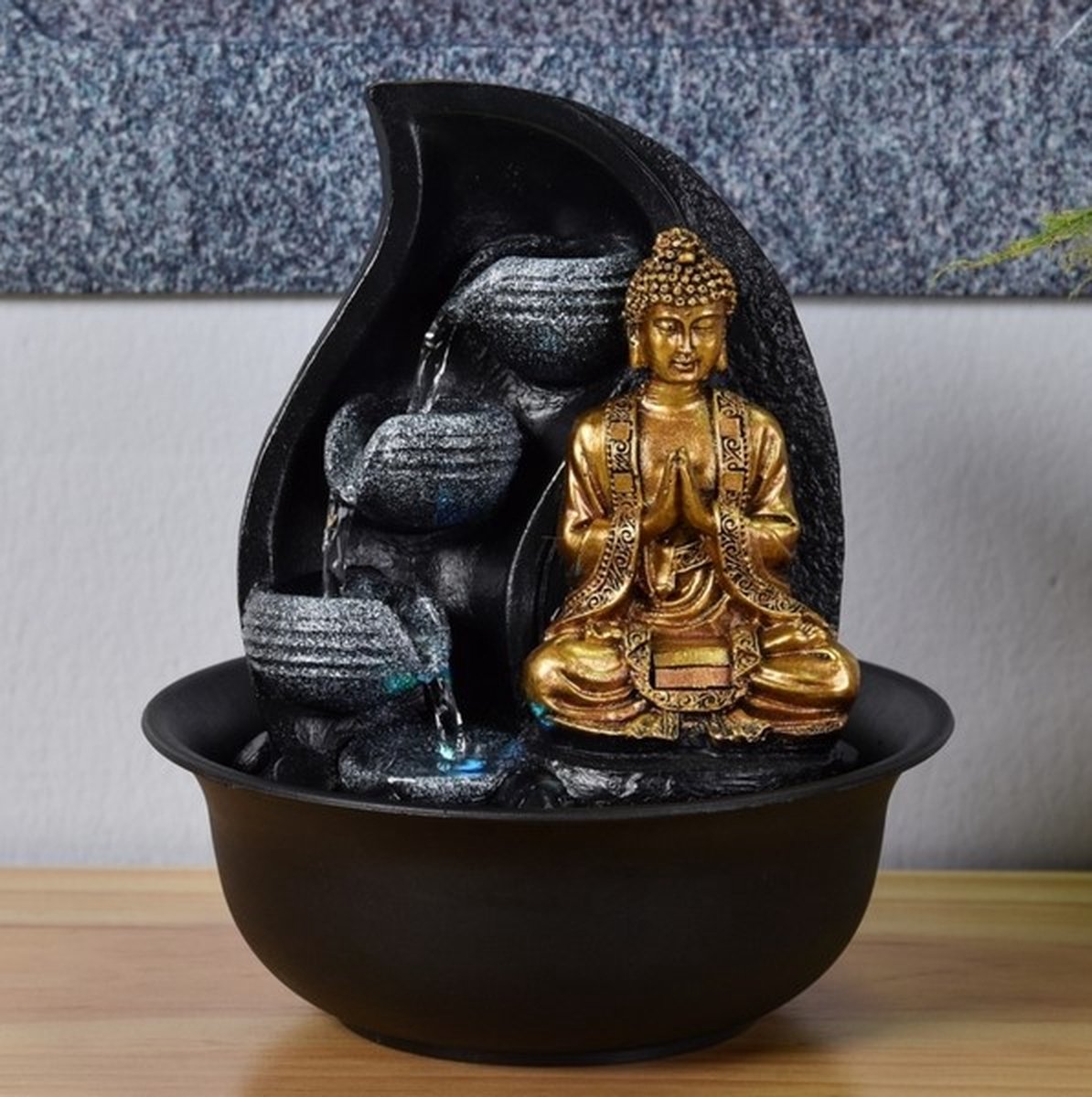 Kamerfontein Boeddha Praya (22cm) | Binnenfontein | Waterornament | Incl. LED Verlichting | Feng Shui Webwinkel