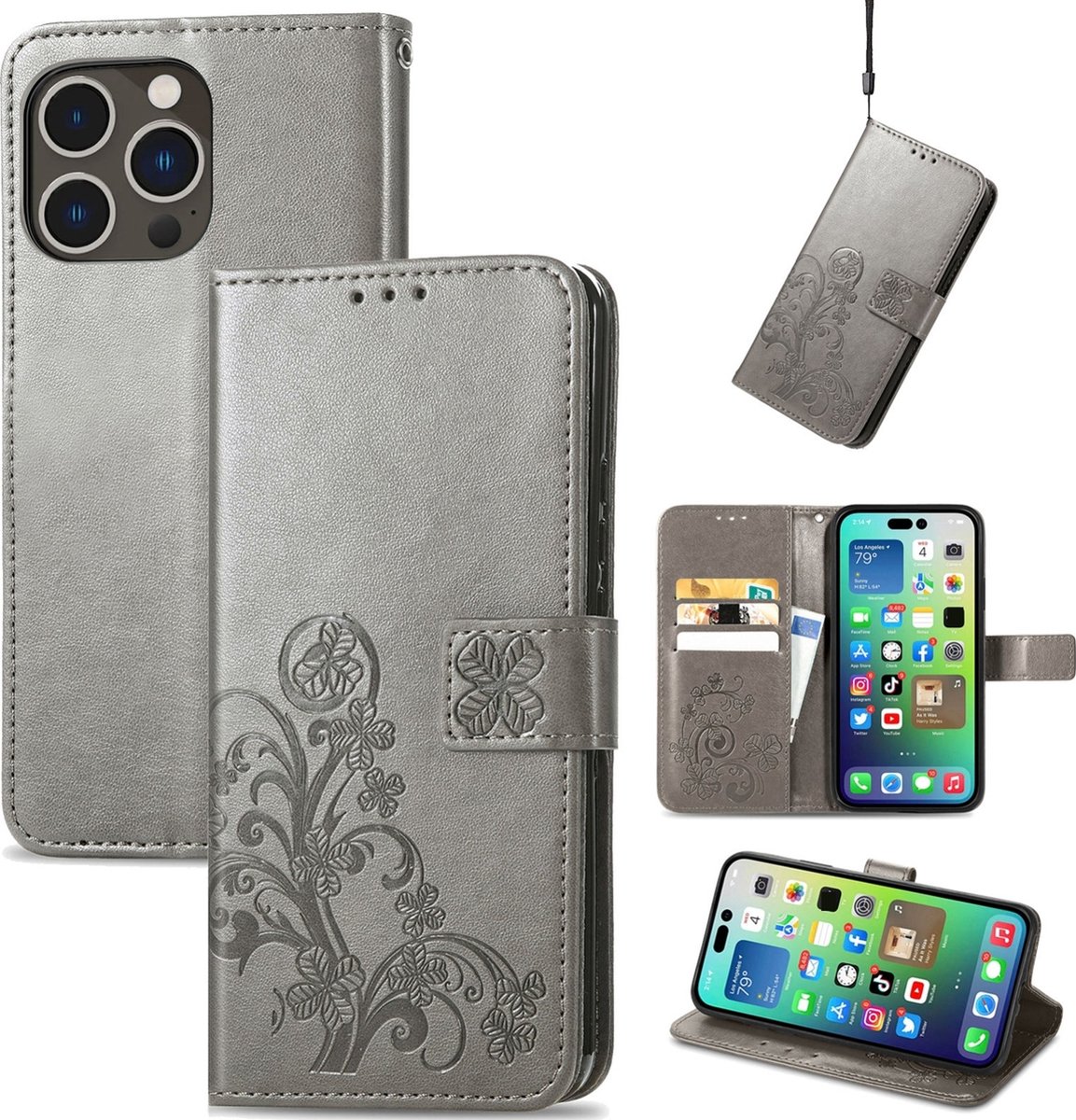 Mobigear Telefoonhoesje geschikt voor Apple iPhone 15 Pro Hoesje | Mobigear Clover Bookcase Portemonnee | Pasjeshouder voor 3 Pasjes | Telefoonhoesje voor Pinpas / OV Kaart / Rijbewijs - Grijs