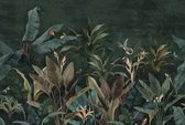 Fotobehang Wallpaper Palm Tropical Forest Vintage Jungle Pattern With Birds Dark Mood - Vliesbehang - 400 x 280 cm