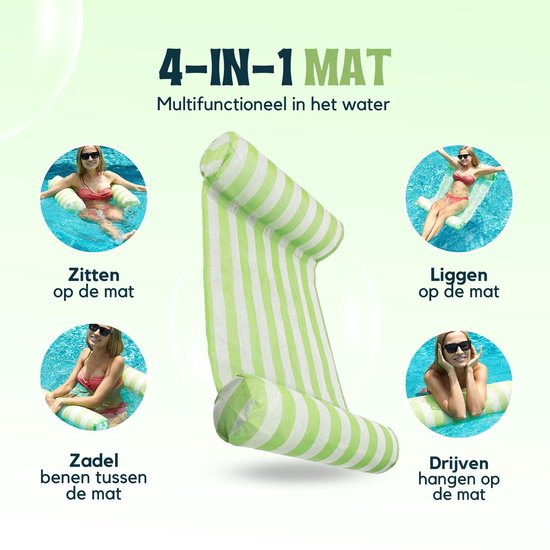 Vrouwen gebruiken de groen-witte gestreepte waterhangmat op vier manieren: zittend, liggend, met benen tussen de mat, en drijvend.