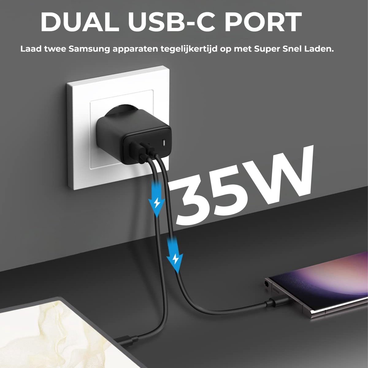 Chargeur Super Fast GaN 35W - Câble Lightning 3M - 2 Portes - Adaptateur  USB C 