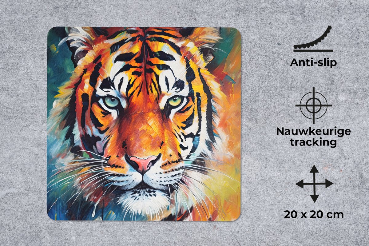 Muismat 20x20 cm - Mousepad Tijger - Dieren - Olieverf - Kunst - Muismatten