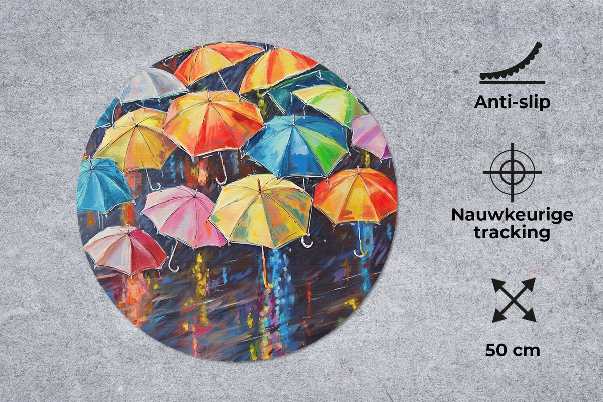 Muismat rond 50x50 cm - Mousepad Paraplu's - Schilderij - Kunst - Regenboog - Ronde muismatten