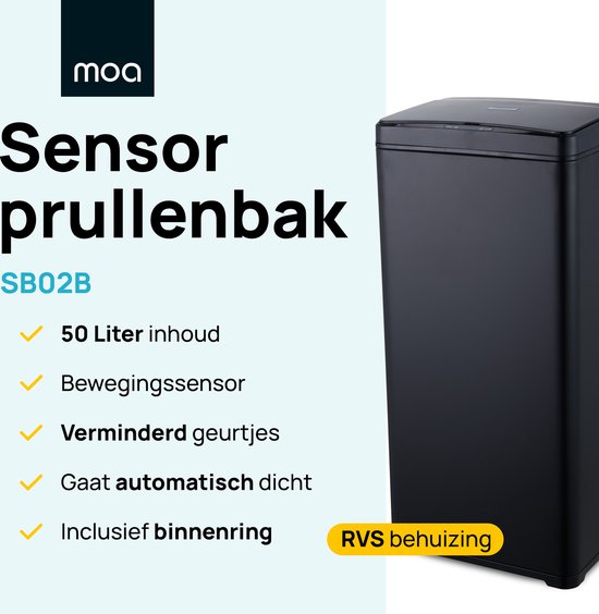MOA Sensor Prullenbak - 50 liter - RVS & duurzaam ABS - Non-slip - Geruisloze deksel - Vertraagd sluiten modus - Zwart - SB02B