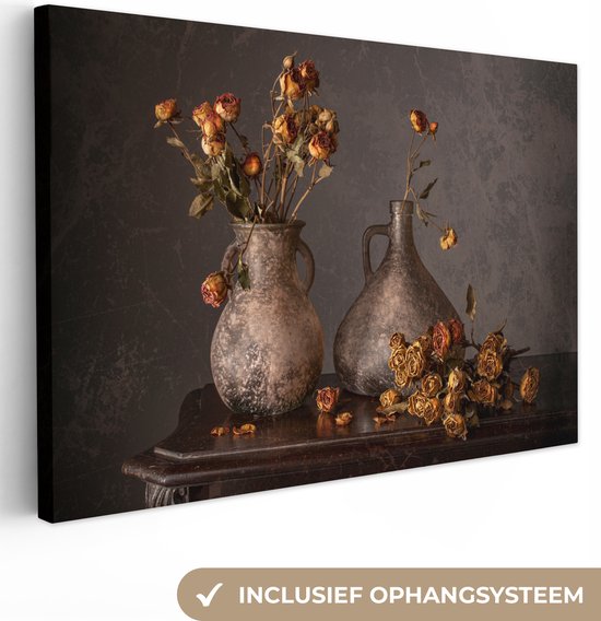 Canvas Schilderij Stilleven - Bloemen - Vaas - Donker - 60x40 cm - Wanddecoratie