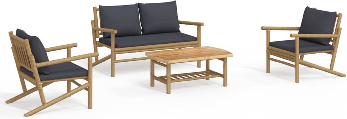 vidaXL 4-delige - Loungeset - met - kussens - bamboe - donkergrijs