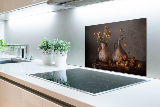 Spatscherm keuken 60x40 cm - Kookplaat achterwand Stilleven - Bloemen - Vaas - Donker - Muurbeschermer - Spatwand fornuis - Hoogwaardig aluminium