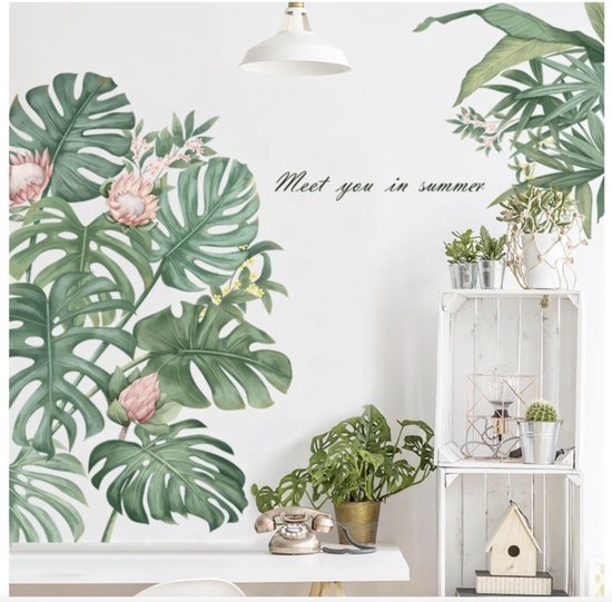 Stickerkamer® Tropische decoratieve groene jungle palmbladen met roze bloemen muursticker| Planten Bladeren | muurdecoratie| woonkamer | slaapkamer | huis inrichting stickers