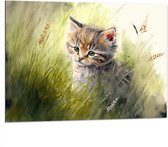 Dibond - Tekening van Bruinharige Kitten tussen de Hoge Grassprieten - 100x75 cm Foto op Aluminium (Met Ophangsysteem)