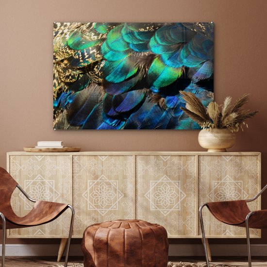 Glasschilderij - Foto op glas - Schilderij glas - Slaapkamer - Woondecoratie - Veren - Pauwveren - Pauw - Blauw - Kunst - Muurdecoratie - Woonkamer decoratie - 120x80 cm - Glasplaat