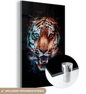 Glasschilderij tijger - Neon - Blauw - Dieren - Portret - Schilderij glas - Wanddecoratie glas - 40x60 cm - Foto op glas - Woondecoratie - Slaapkamer