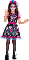 Wilbers & Wilbers - Spaans & Mexicaans Kostuum - Kleurrijke Coco Skelet - Meisje - Roze, Zwart - Maat 128 - Halloween - Verkleedkleding
